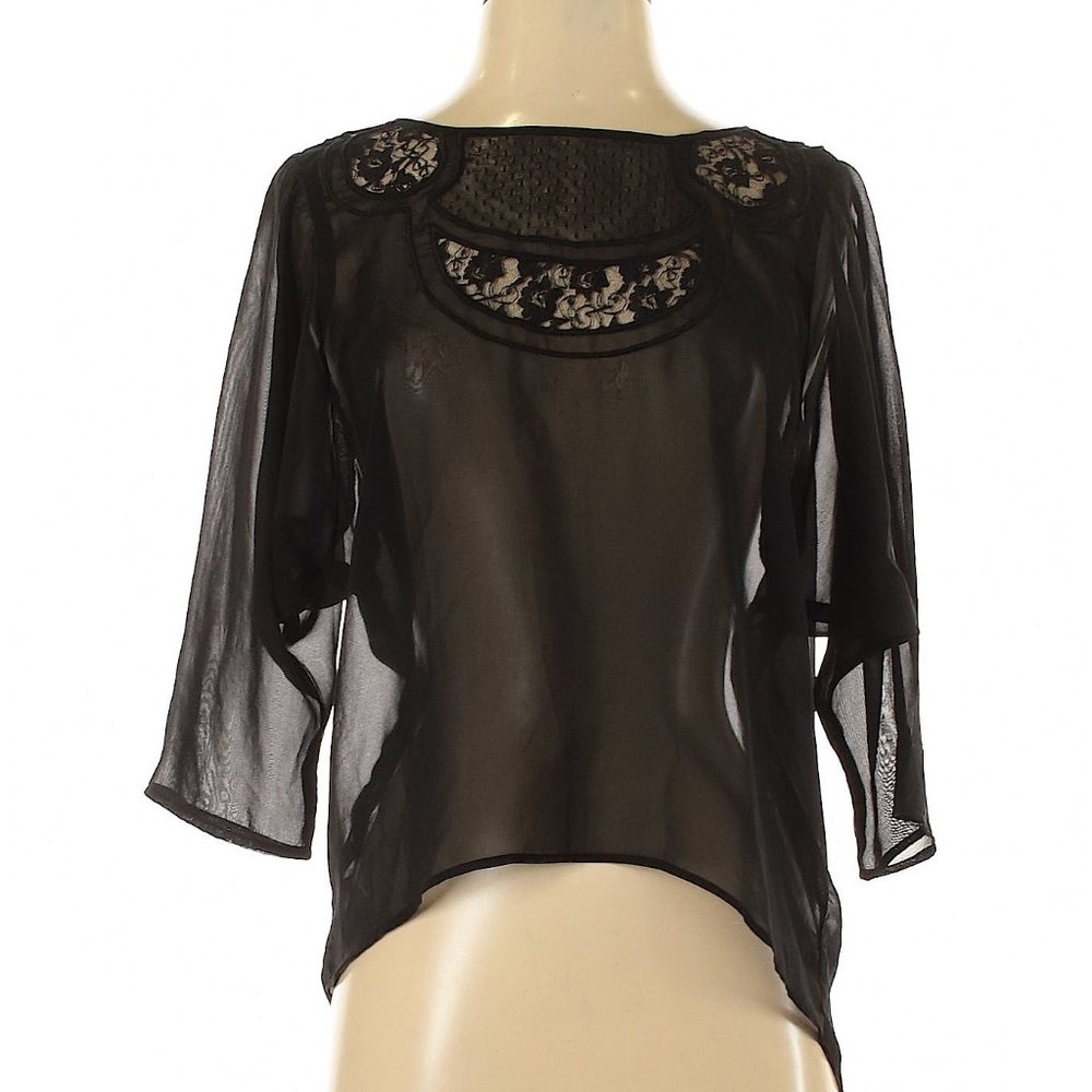 Love, Fire Sheer Black Lace Blouse | 3/4 Sleeve Boho Mesh Top | Size Small - Picture 2 of 11